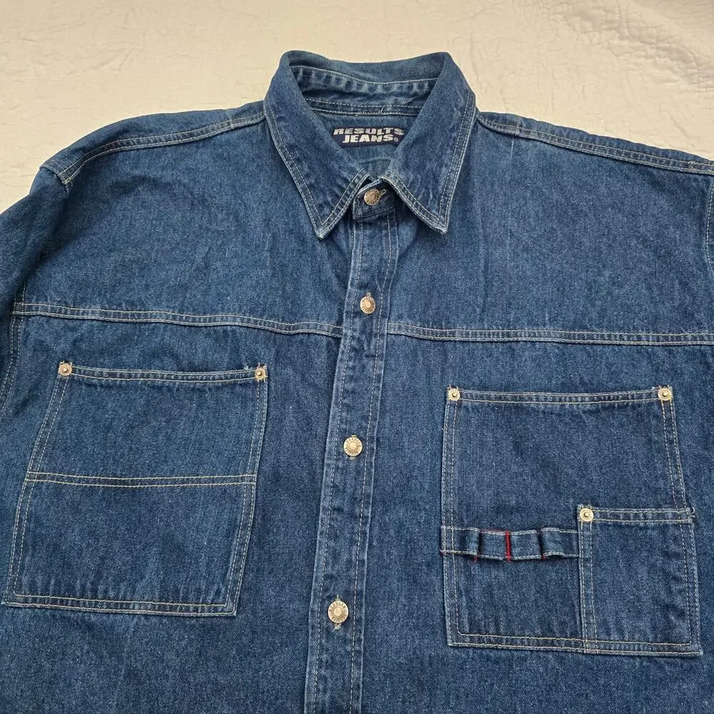 Vintage Results Jeans Men's Denim Oversized Chore Jacket Silver Button Size XL